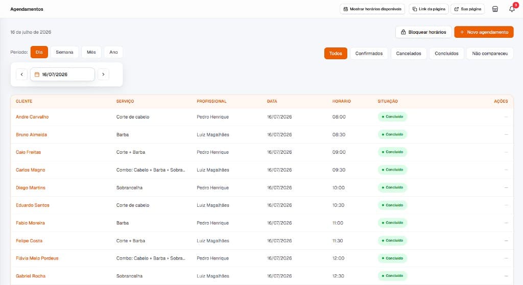 Tela de agendamentos com filtros e status